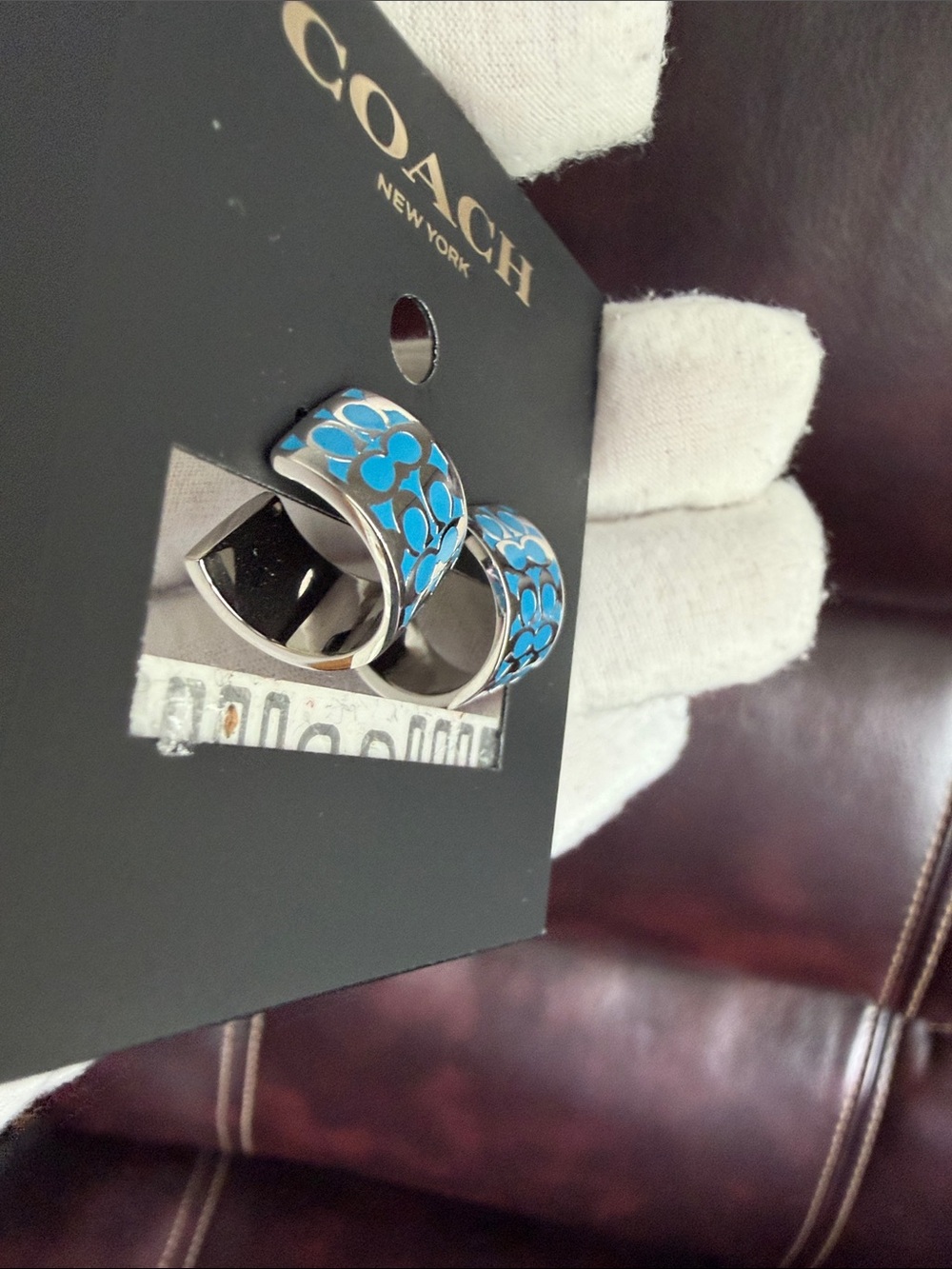 NWT Coach Blue Patterned Hoop Earrings - Picture 6 of 9